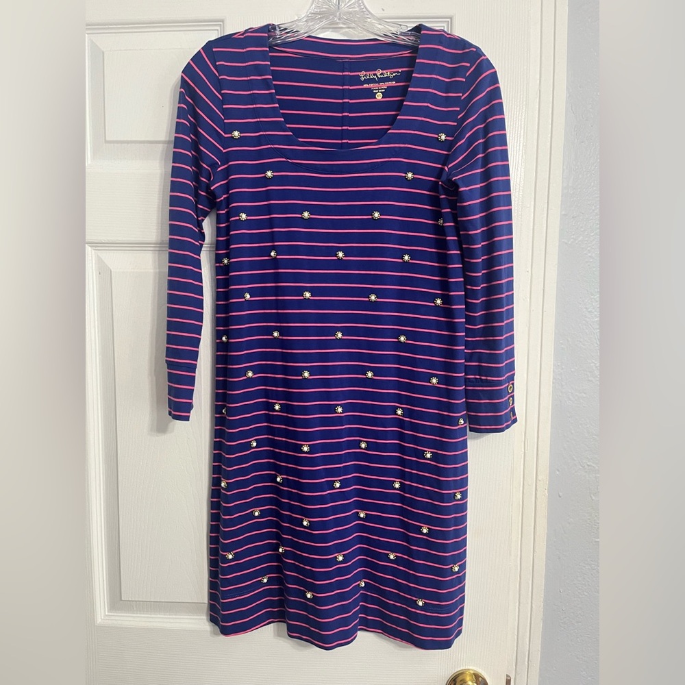 Lilly Pulitzer - Navy and Pink striped dress with pearls. Size XS